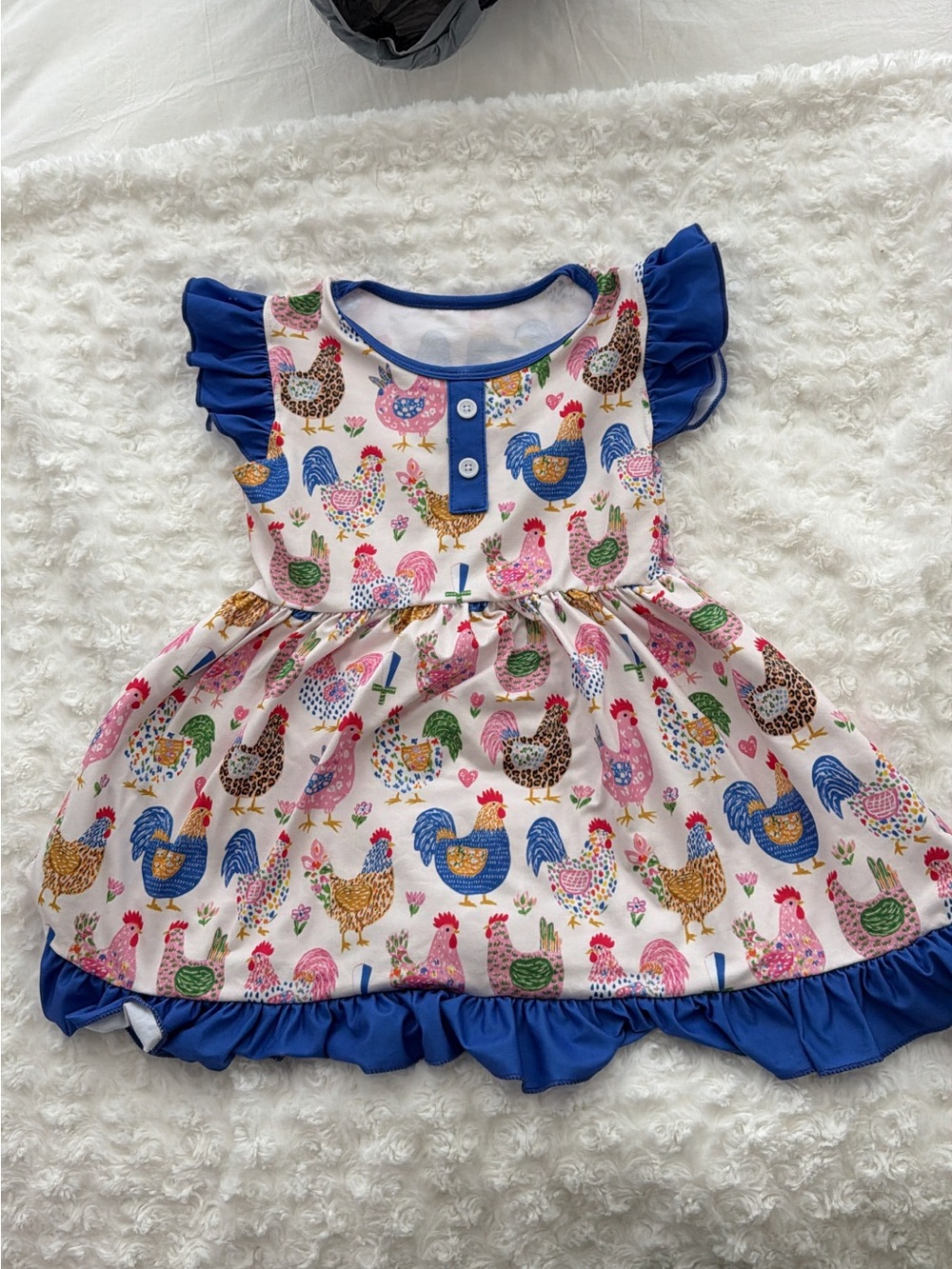 Girls' Blue Trim chicken Print Dress